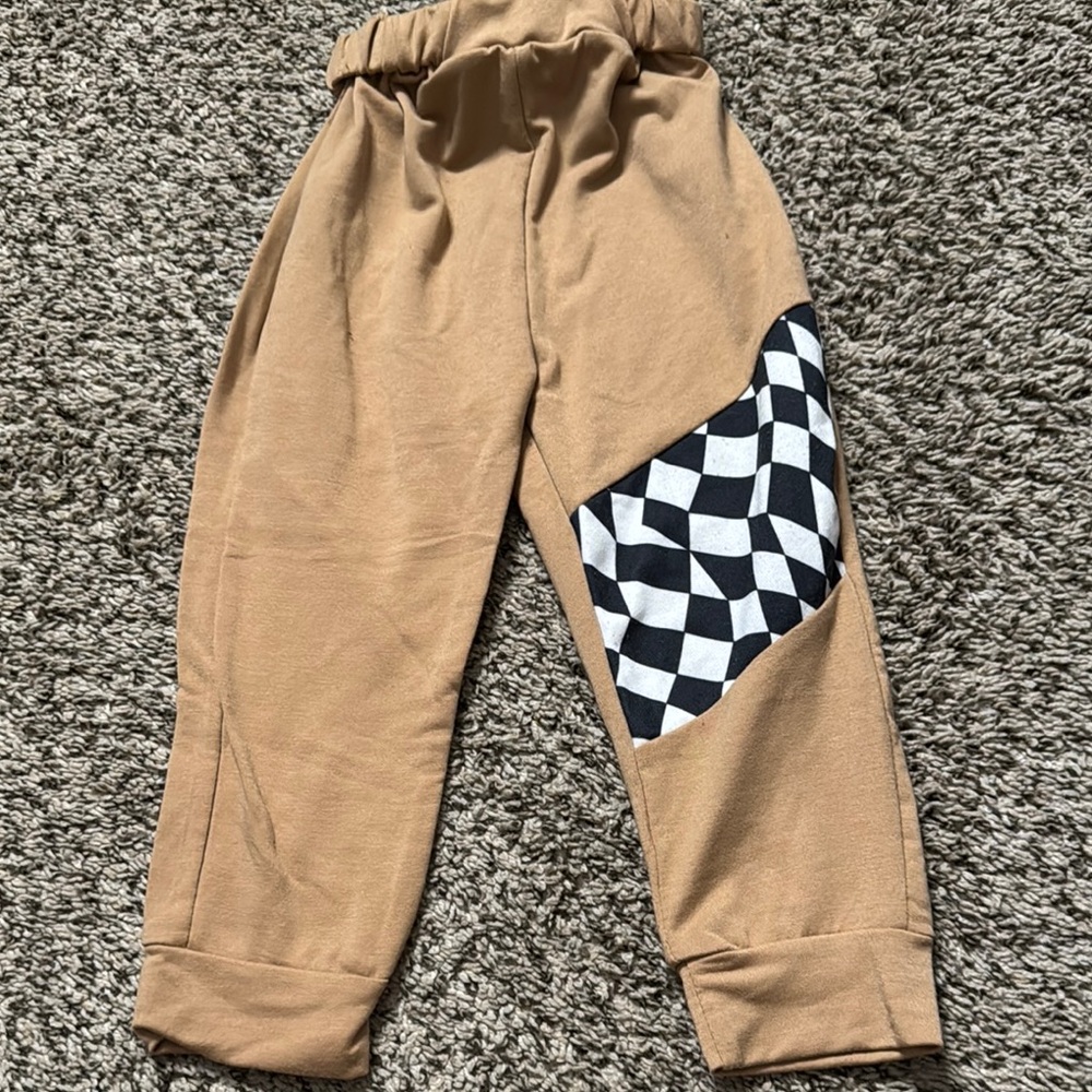 Kids Tan Checkered Patch Pants